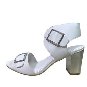 Chunky White Silver Metallic Heel Sandals